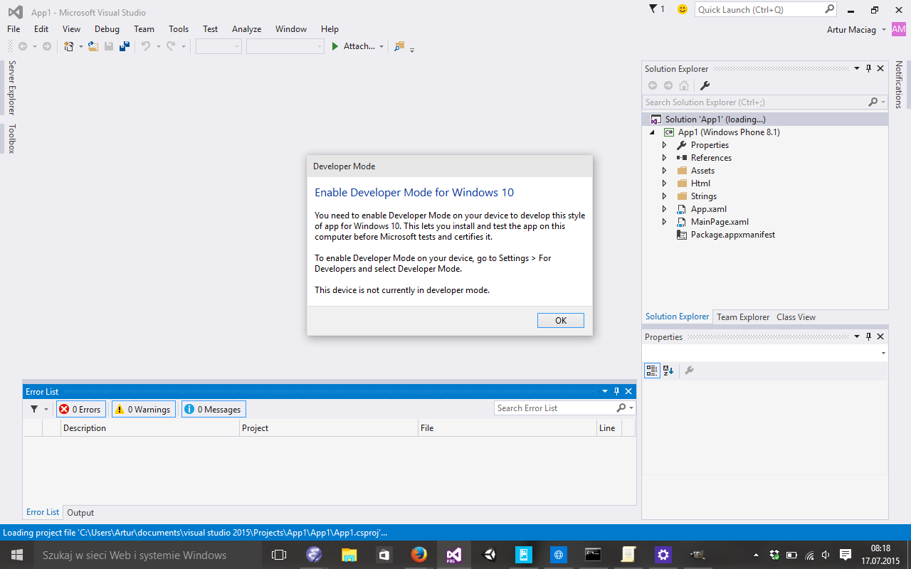 Włączanie Developer Mode na Windows 10 (build 10074)